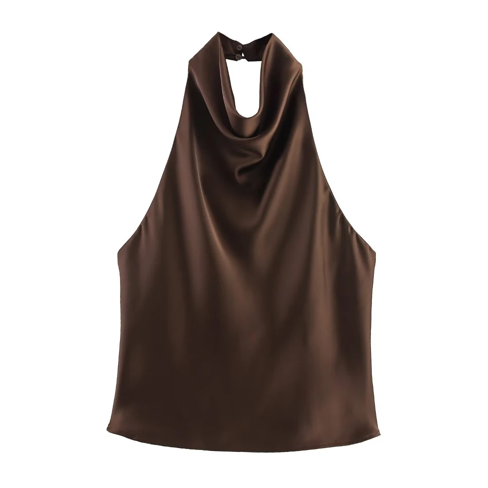 French Style Retro Hanging Neck Backless Hidden Buckle Top Women's Fashion Temperament Simple Solid Color Sleeveless Top