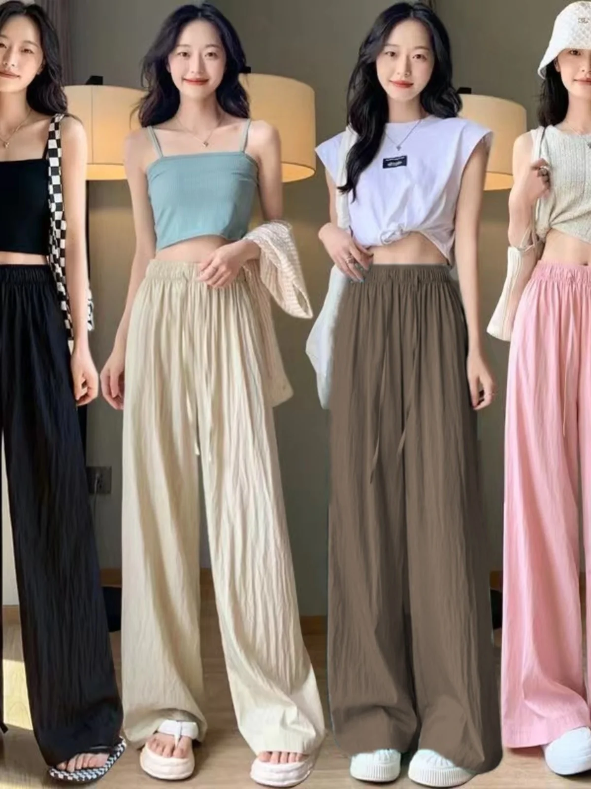 

Slim Wide Leg Pants Women's Summer Hit Ice Silk Draped Small Size Straight Casual Long Trousers Sembach Lazy High Waist Strai...