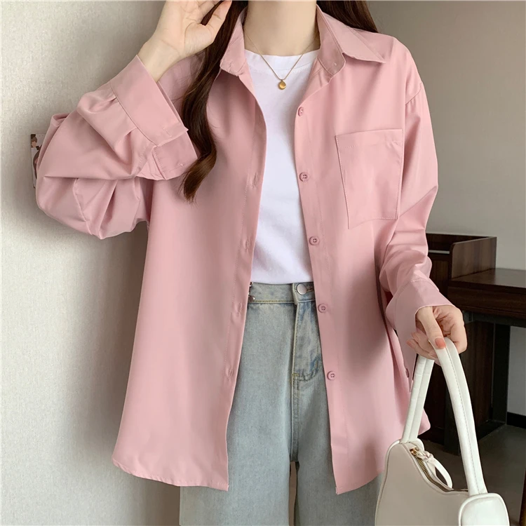 Spring Autumn Women's Long Sleeve Shirts Cardigan Casual Loose Pockets Button-Up Long Shirts Korean Style Holiday Beach Cover-Up