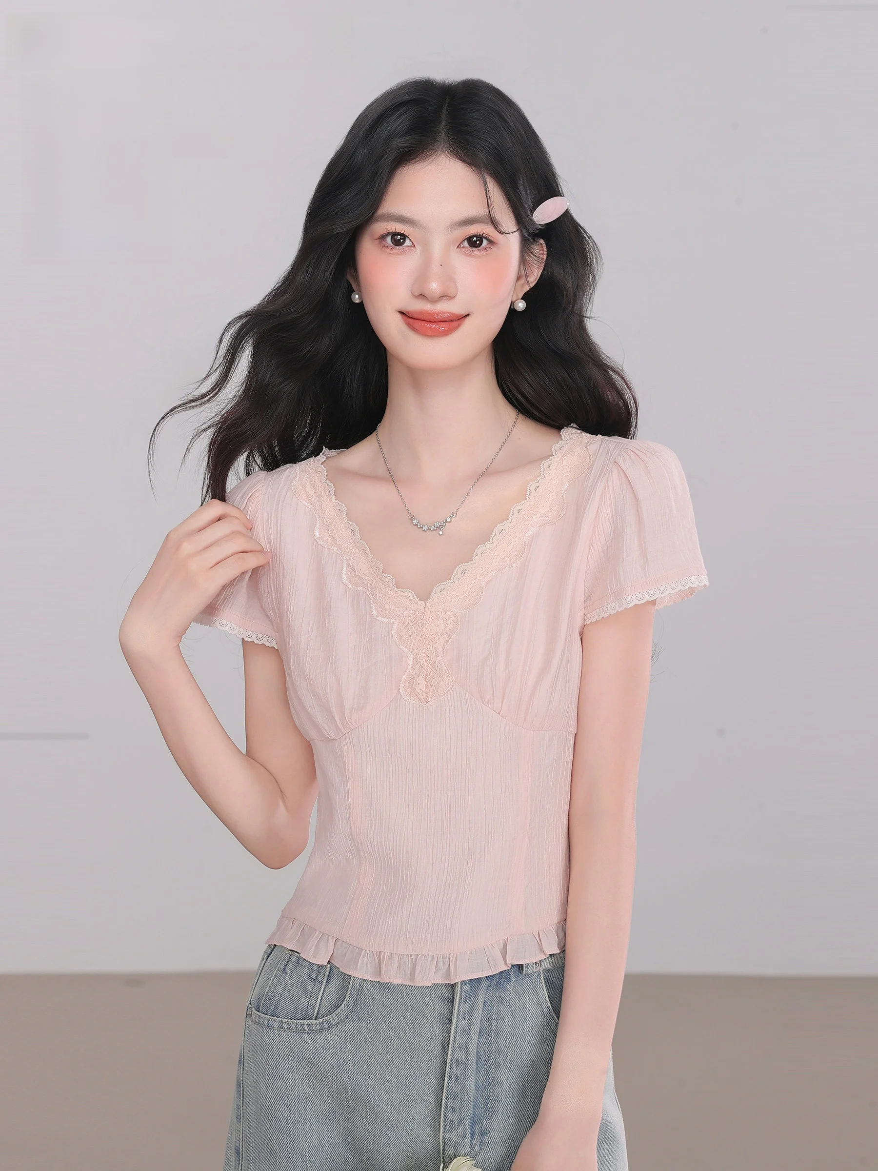 

Розовый двухслойный кружевной топ с V-образным вырезом для женщин, универсальный, с поясом, антивозрастной, летний, из бамбукового волокна, тонкий, стандартного кроя