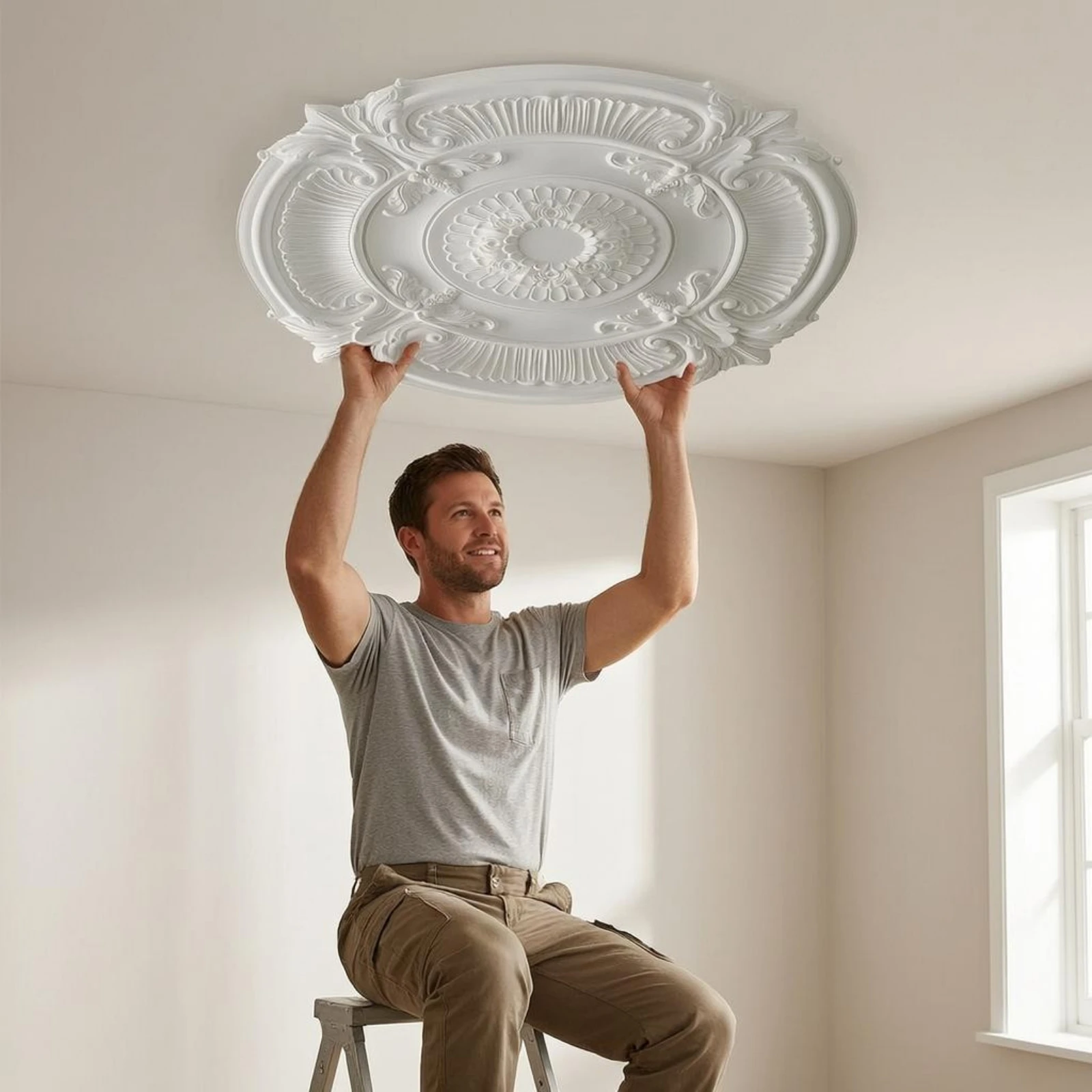 

Round Ceiling Medallion White Ornamental Ceiling Medallion Lamp Base Panel Central Opening Home Decoration European Style