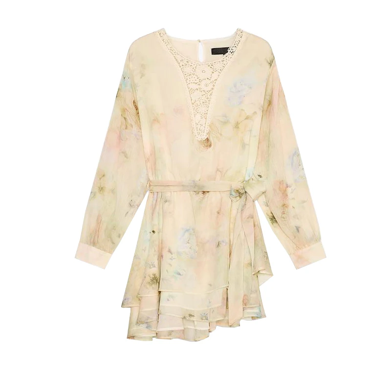 Gonna a trapezio a vita alta Dr con stampa all'uncinetto a colori con decorazione a strati rotonda da donna primavera estate