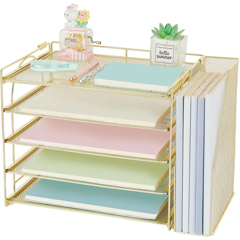 

AUPSEN Золотой органайзер для настольных принадлежностей, 5-уровневый лоток для писем, бумажный органайзер с регулируемым держателем для файлов, аксессуары для настольного офисного стола