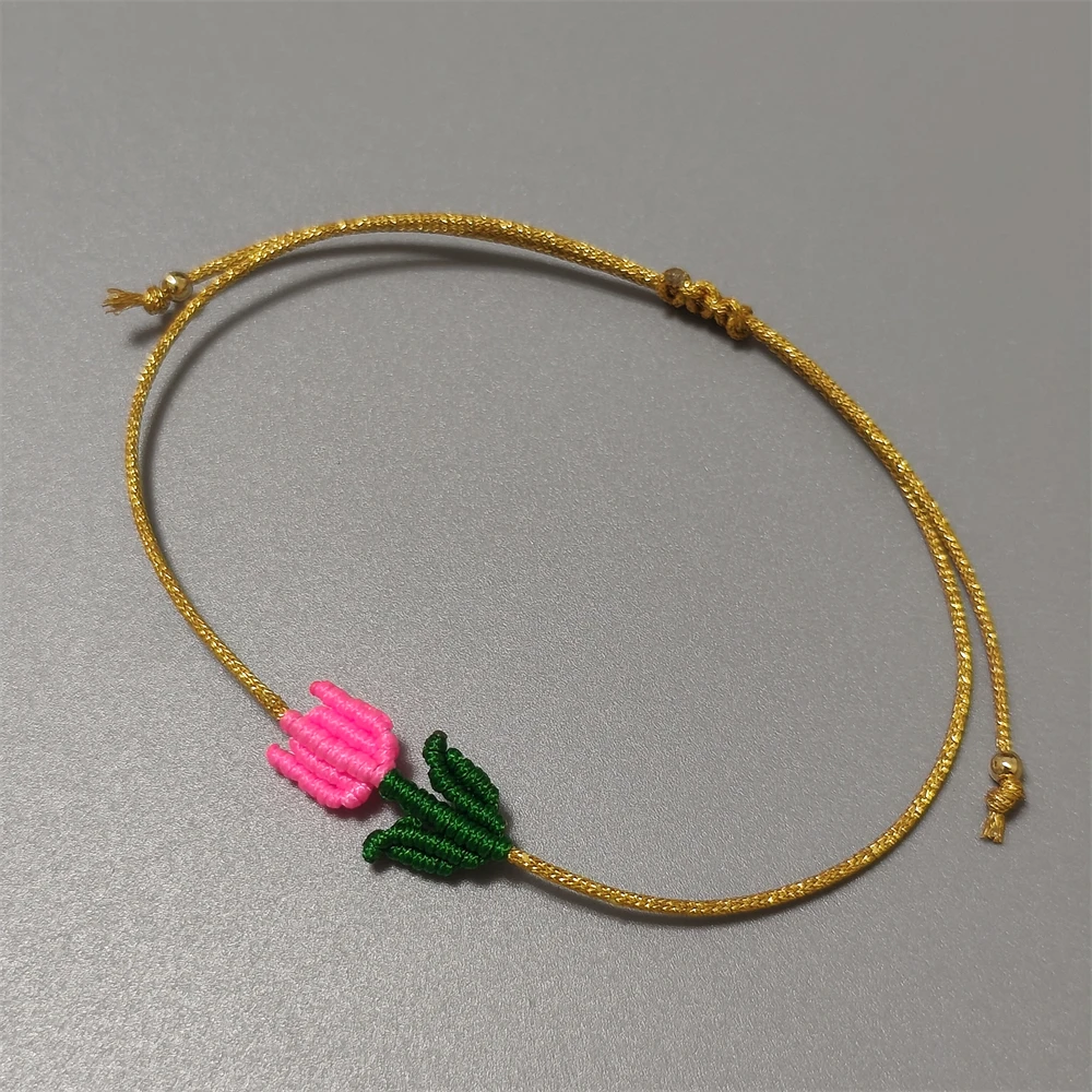 Handgefertigtes Gestricktes Tulpen-Armband für Kinder Verstellbares Glücksarmband Geflochtenes Kleines Blumenarmband für Frauen Beste Freundin Charm Einfaches Freundschaftsgeschenk – Detail 1