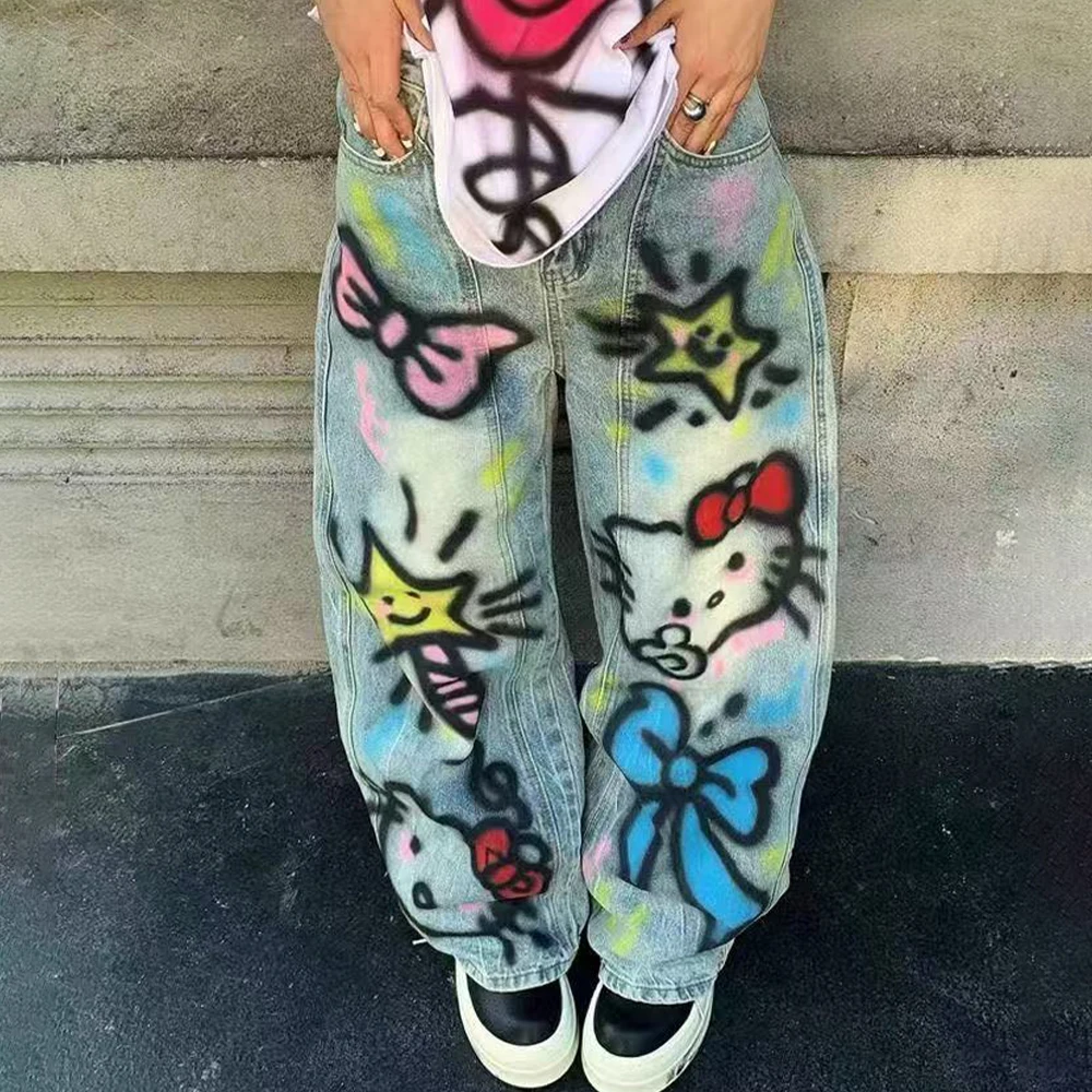 Jeans Y2K Hello Kitty Donna Anime Sanrios Kawaii Pantaloni vintage stile americano Primavera Autunno Pantaloni larghi a vita alta