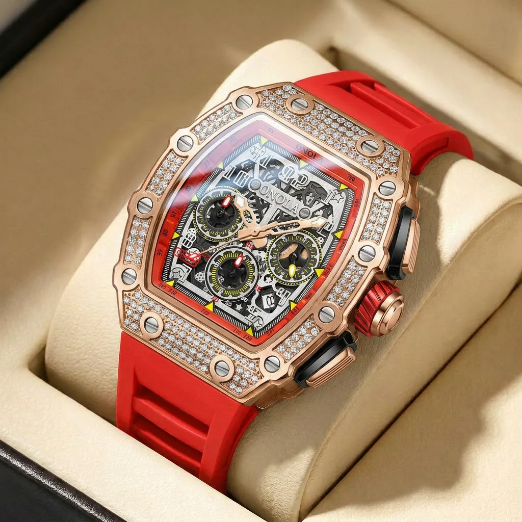 

1pcs Men's orange dial silicone strap vintage fashion tonneau skeleton sporty details Mechanical Watch for business party holida