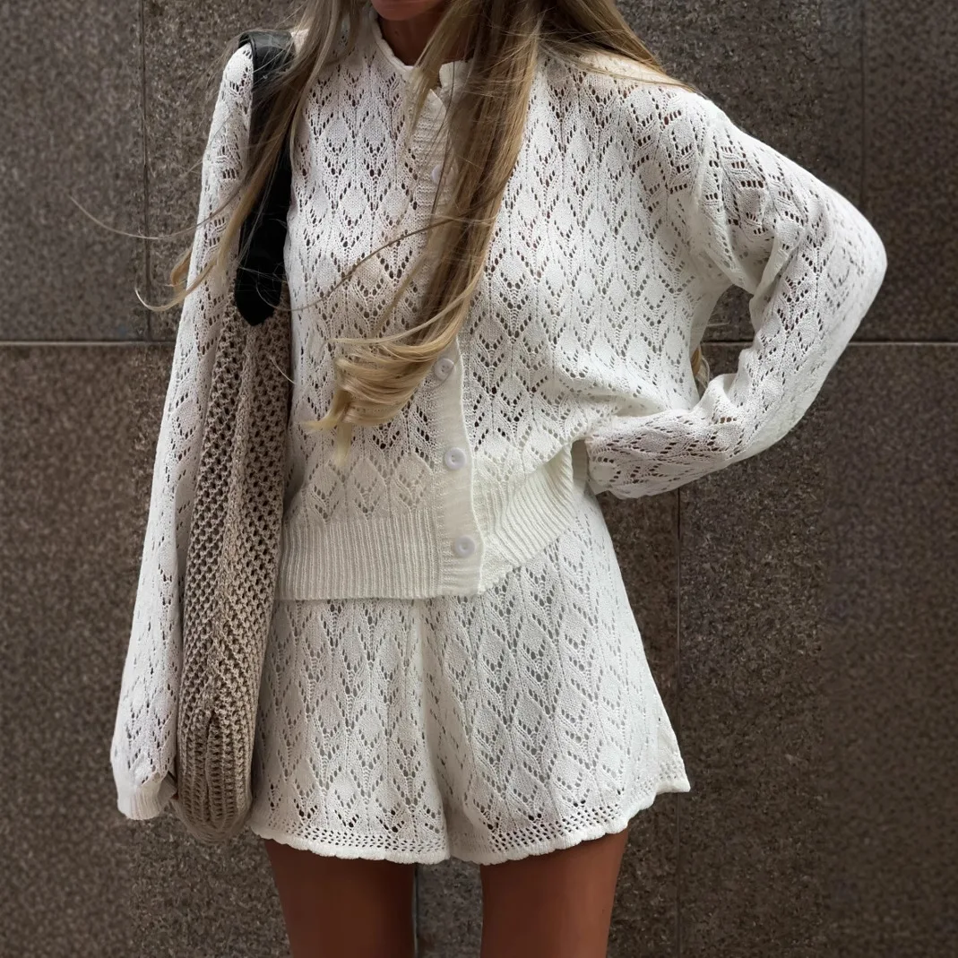 Hollow Out Knitted Long Sleeve Tops&Shorts Sets Fashion Simple Solid Color Vacation Outfits Spring Summer New Women's Loose Sets