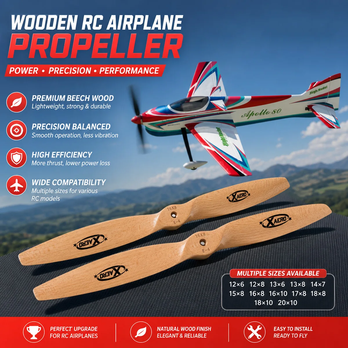 XAERO Electric Wooden Propeller CW 12x6-20x10 Inch for Fixed Wing RC Airplane (13 Sizes)