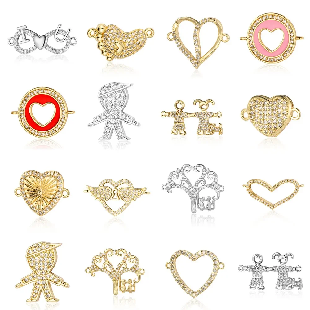 Heart Life Tree Copper Cubic Zircon Connector Charm Infinite 8 I Love U Kids And Dog Family Bracelet Making DIY Jewelry