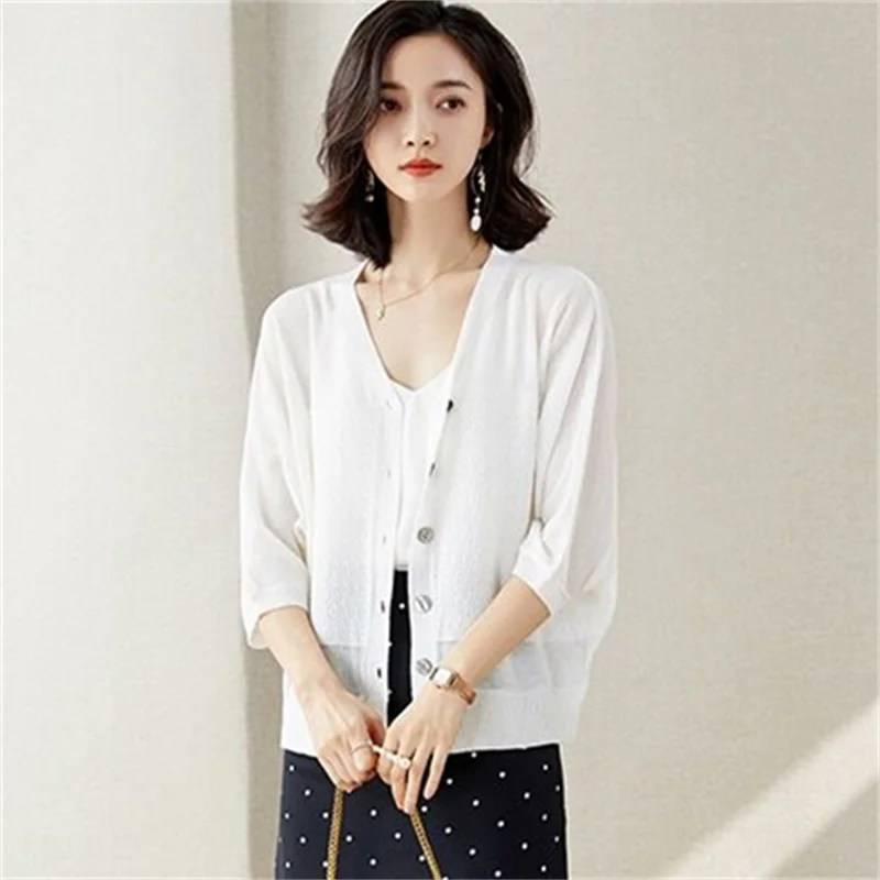 Summer V Neck Thin Cardigan Jacket Women Ice Silk Knitted Cardigan Shawl Ladies Hollow Out Sweater Coat Short Sunscreen Shirt