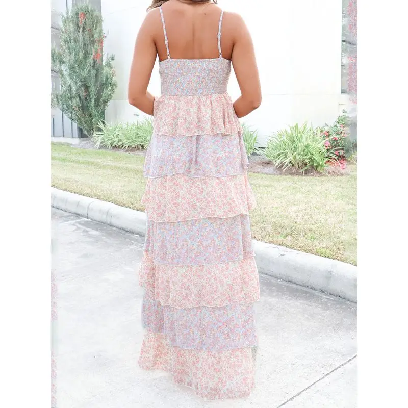 Combhasaki Abito lungo estivo da donna senza maniche con spalline regolabili con scollo a V increspato smock senza schienale con volant floreale a strati