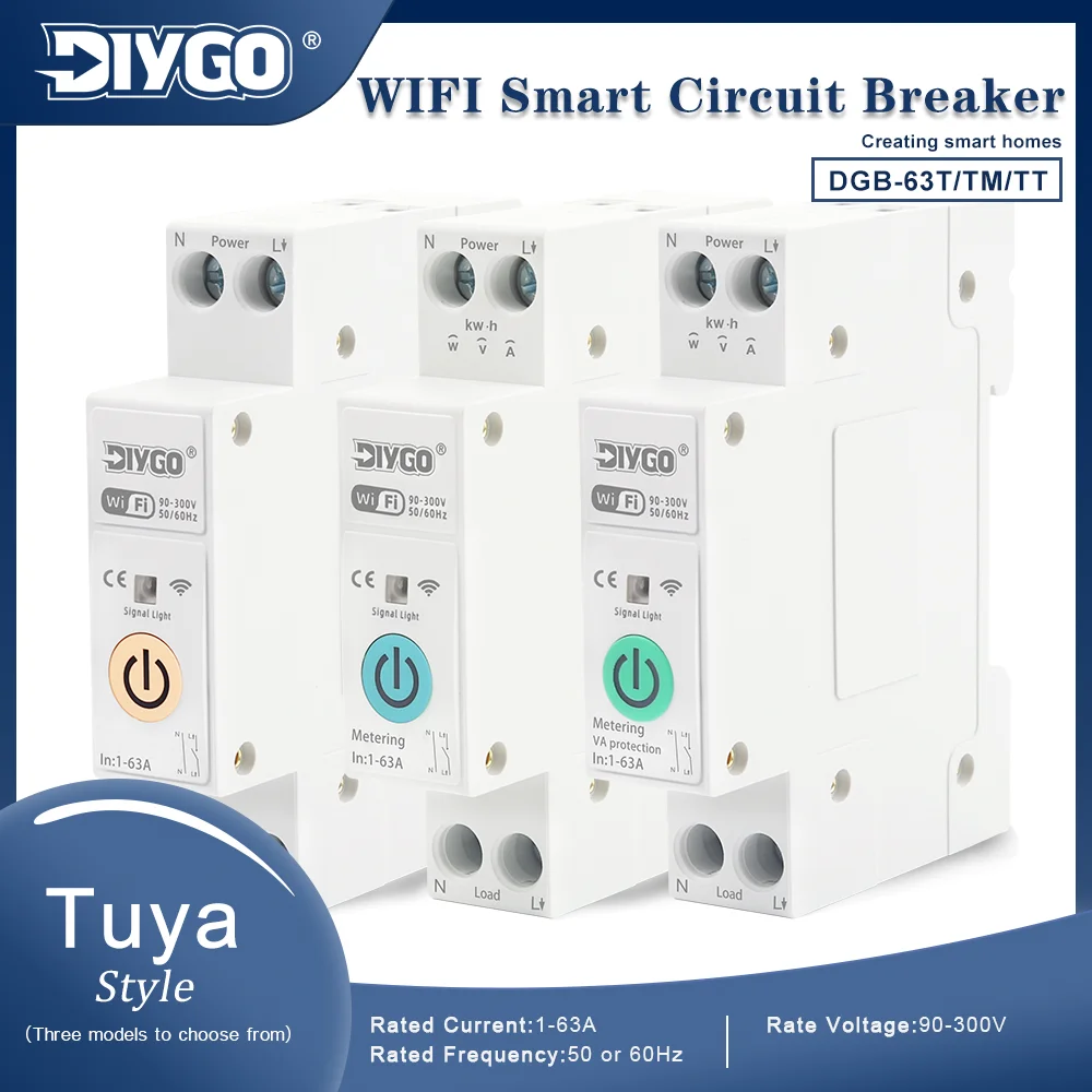 Tuya WiFi Circuit Breaker 1P+N 1-63A Din Rail MCB Energy Meter Over/Under Voltage Protection Voice Control Smart Home Switch