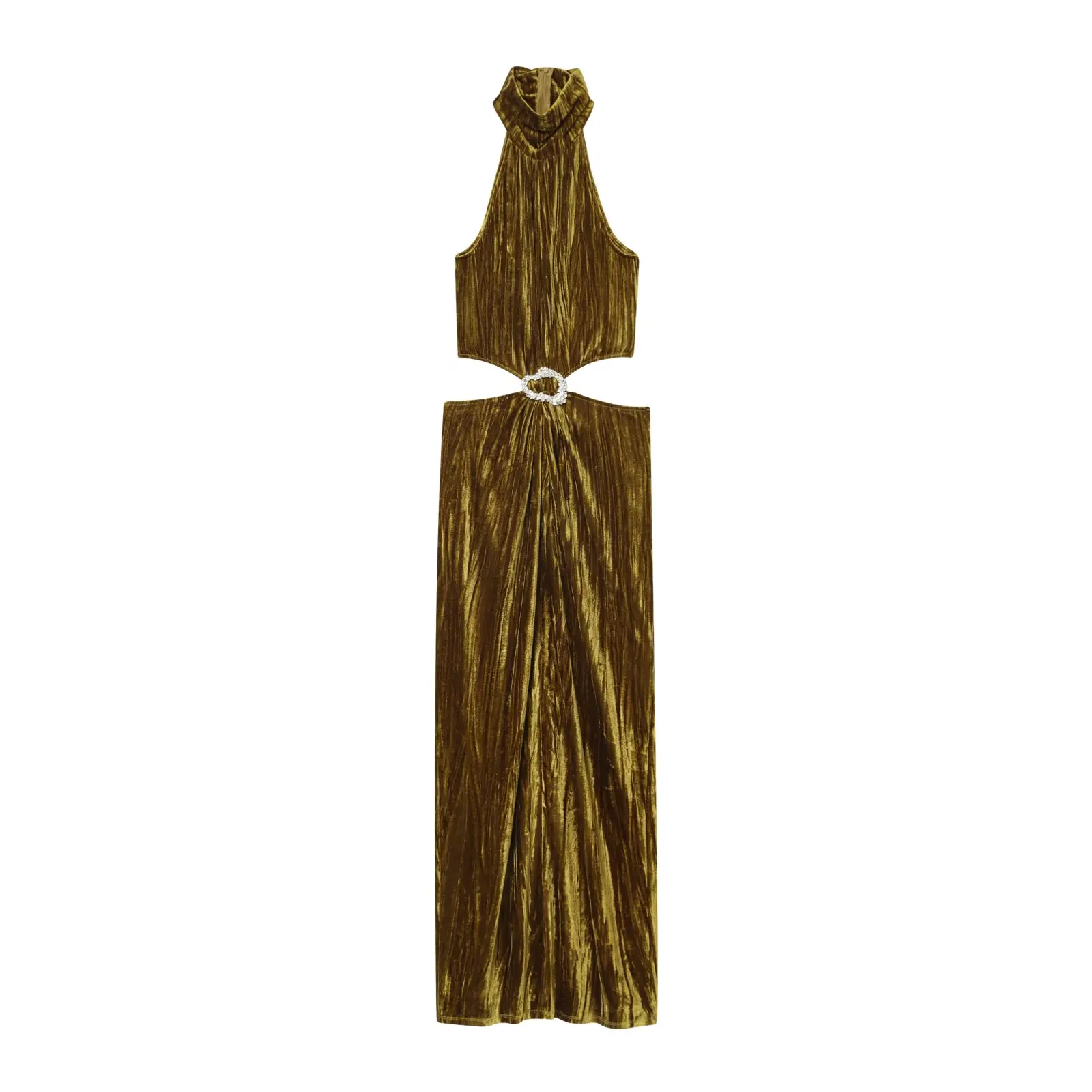 New Women Gold Crushed Velvet Halter Maxi Dress Crystal Accent Cutout Waist Sexy Party Dresses