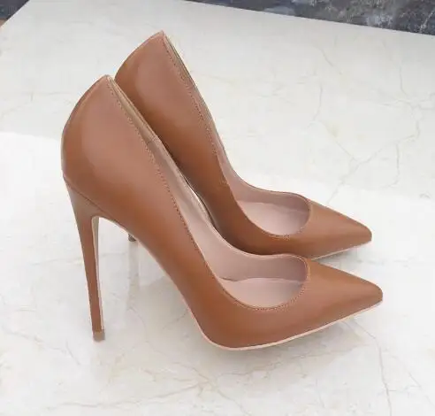 

Drop Shipping Brown Leather Solid Pointed Toe Slip On 12 cm Stiletto Heel Pumps Women Sexy Shallow Party Dress Shoes Size 45