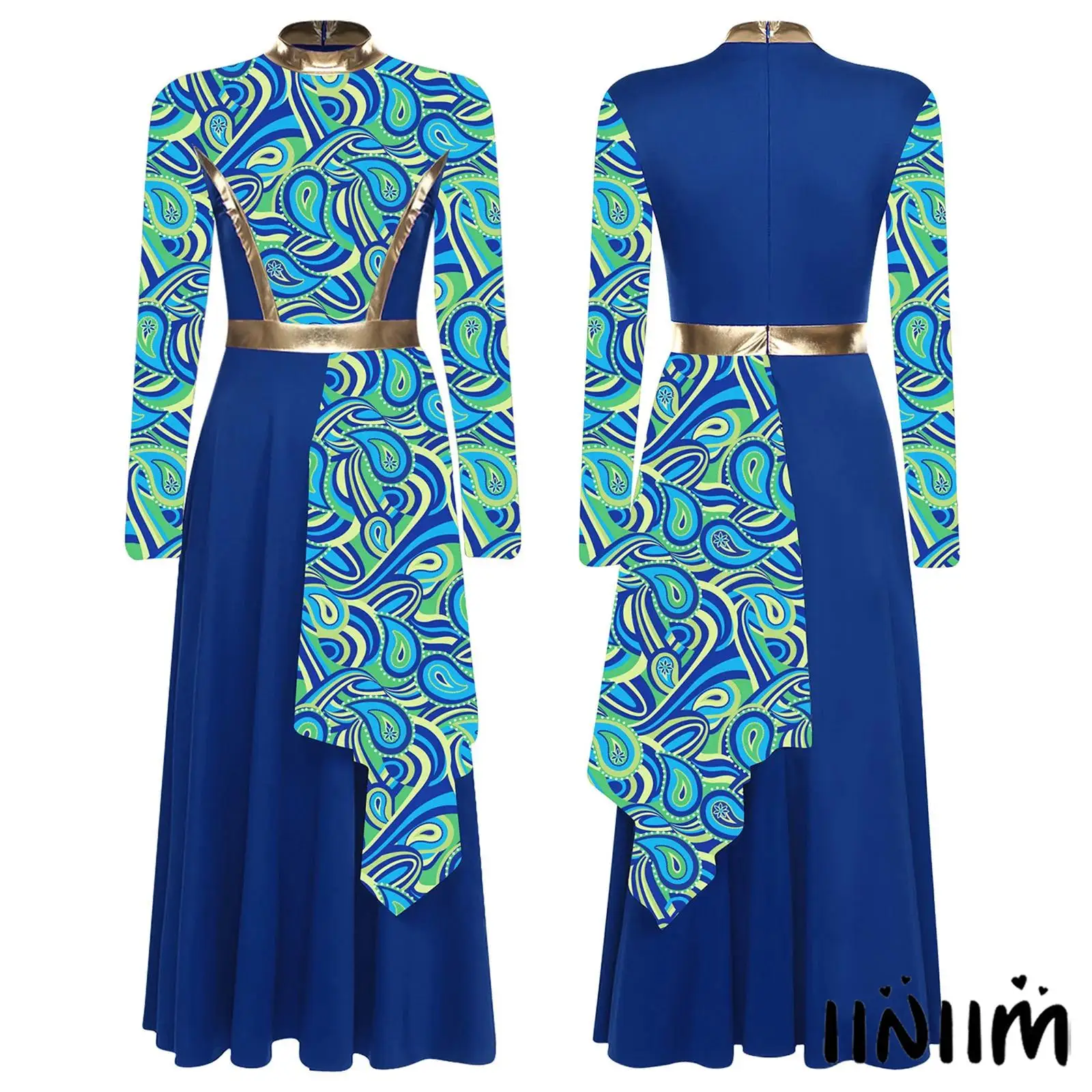 

Womens Praise Worship Dance Dress Mock Neck Long Sleeve Tunic High Waist Asymmetrical Dress Lyrical Dance Competition Clothes