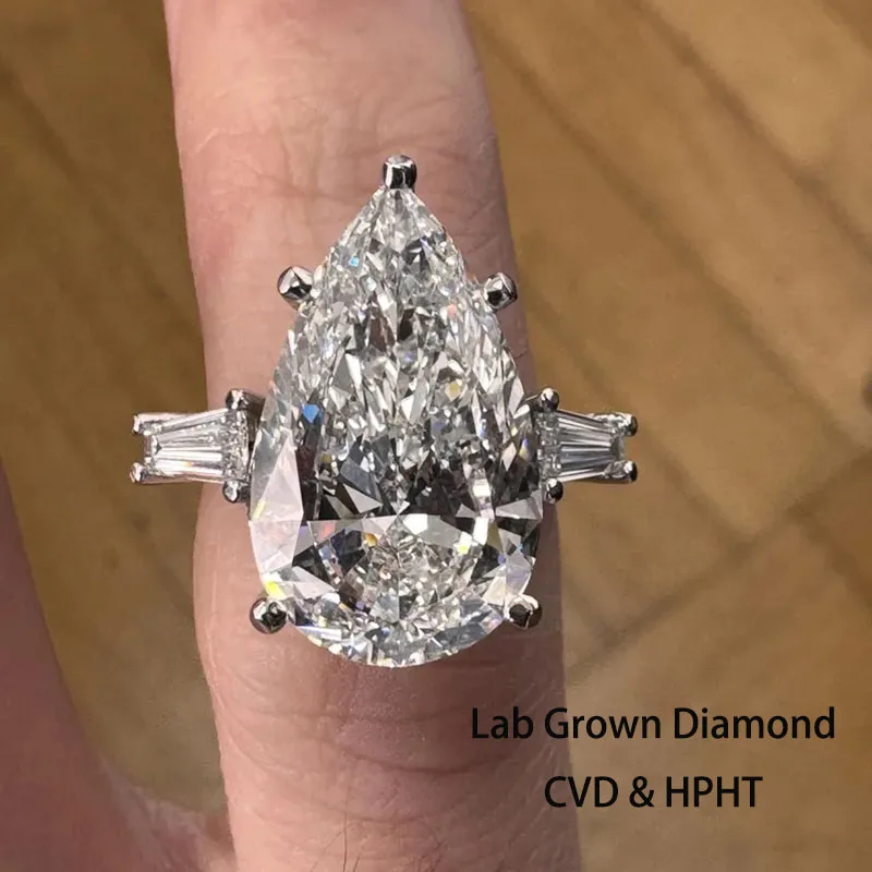10 Carat Pear Shape Lab Grown Diamond IGI Certified DEF Color VS VVS Clarity Baguette Side Stones Engagement Ring 14k 10K Gold