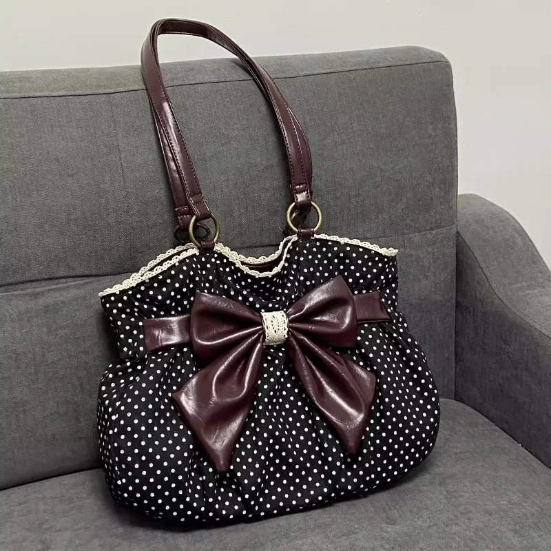 Vintage Y2k Aesthetic Dot Women's Handbag Casual Chic Bow Office Lady Shoulder Bags All Match Streetwear Trendy Ins Underarm Bag