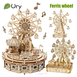 Ury 3D Wooden Puzzles Led Rotatable Ferris Wheel Music Octave Box Model Mechanical Kit Assembly Decor DIY Toy Gift for Adult