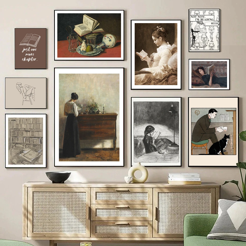 Bookish Gallery Wall Set Prints Book Lover's Gift Neutral Wall Pictures Academia Bookworm Art Library Decoration Canvas Painting