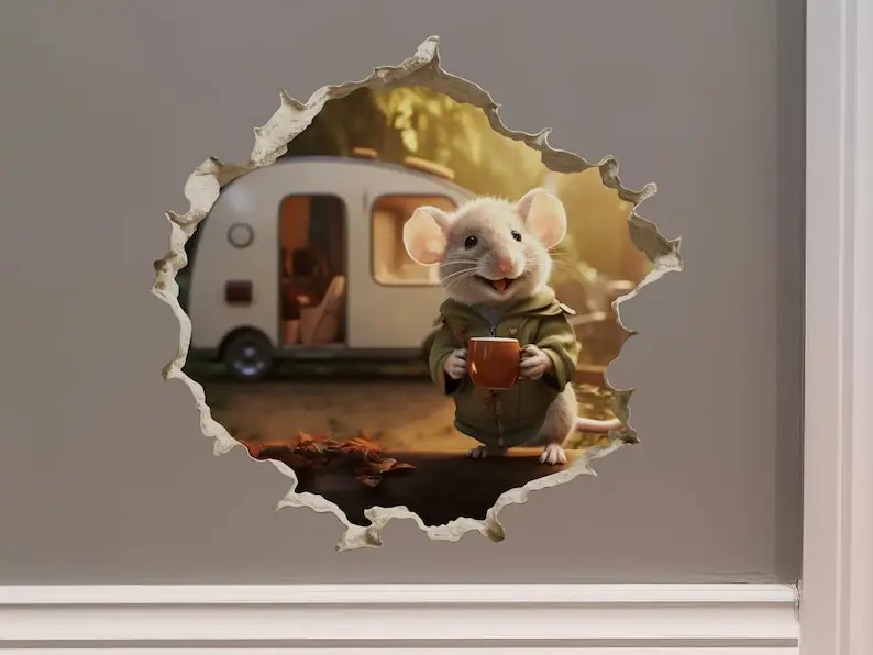 Camper Trailer Mouse in Mouse Hole Decal - Mouse Hole 3D Wall Sticker