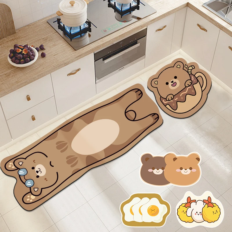 Cartoon Bear Kitchen Mat Kawaii Animal Bedroom Carpet Irregular Kawaii Bath Rug Bathroom Entrance Doormat Floor Mat Home Deco