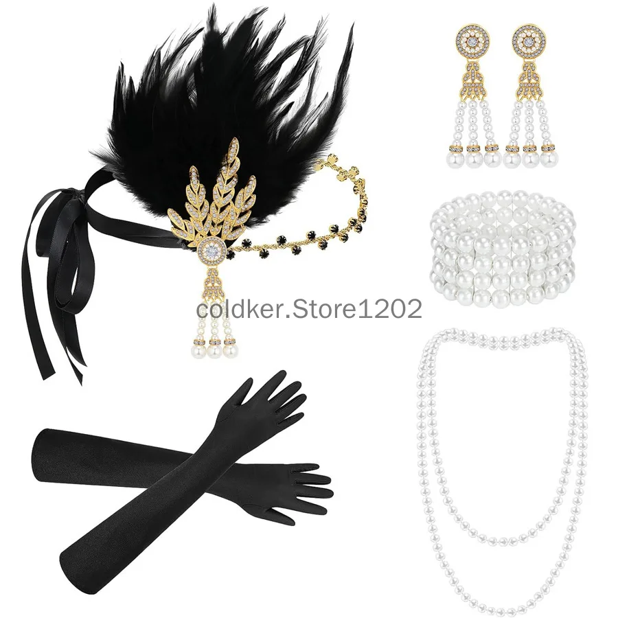 

Coldker 1920s Flapper Accessories Gatsby Costume Accessories Set for Women 20s Headpiece Pearl Necklace Gloves Holder