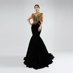 Baisha Black Velvet Evening Dress Luxurious Performance Gold Handmade Bead String Pendants Dubai Fluffy Skirt With Train H1297