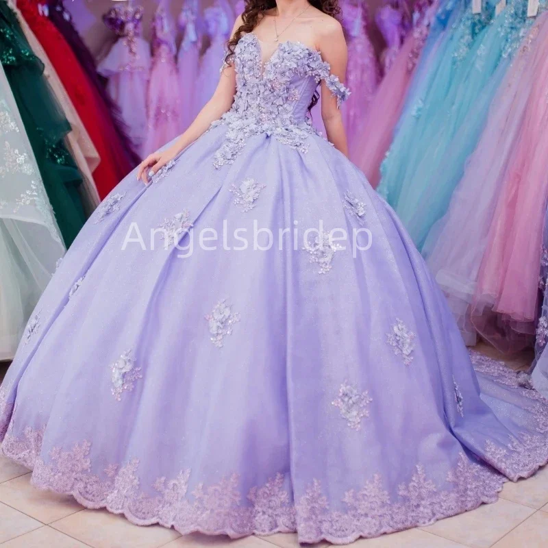 Angelsbride gaun pesta Meksiko elegan gaun Quinceanera 3D Floral putri selebriti gaun 16 manis Vestidos De Fiesta