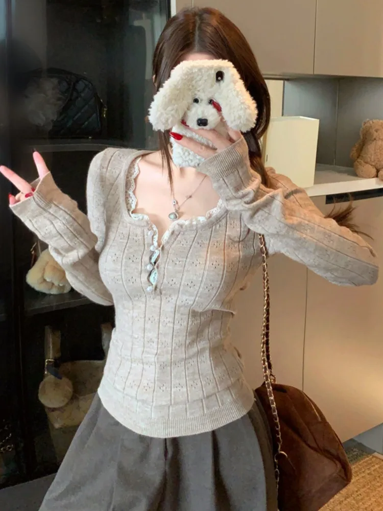 

Korean Style Slimming Lace Splice Hollow out Design Long Sleeve Knitted Top Women Spring Autumn New Style Base Layer Shirt