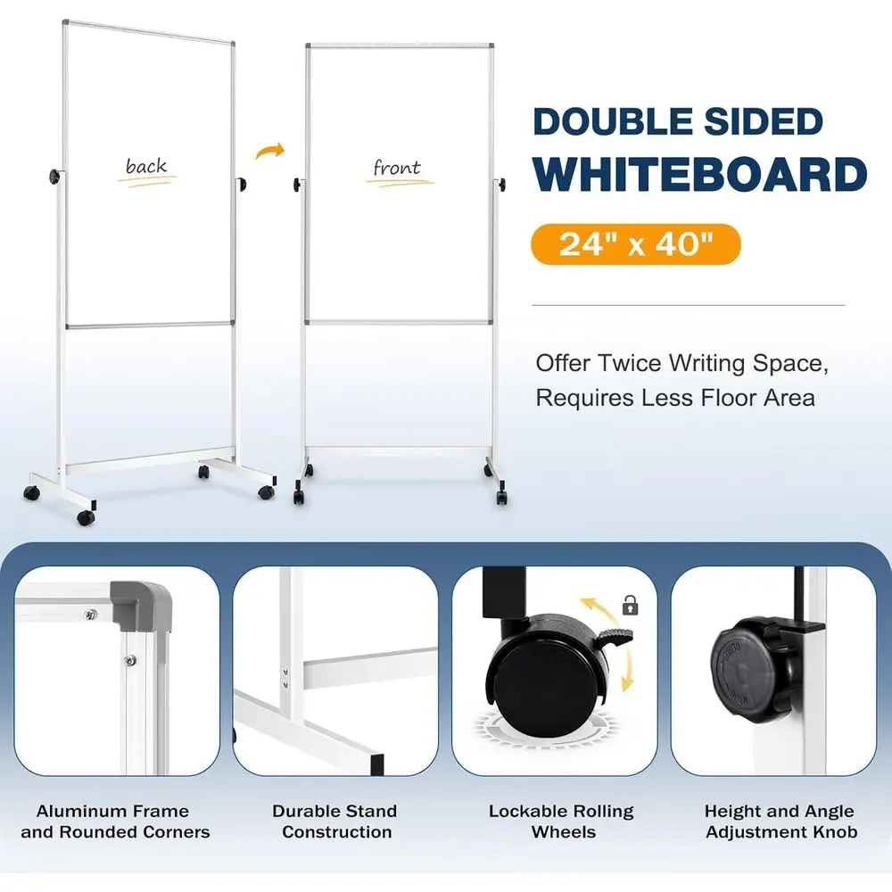 لوح مسح جاف مغناطيسي قابل للعكس مقاس 24 × 40 مع حامل، سبورة بيضاء متنقلة للمدرسة والمكتب والاستخدام المنزلي #5