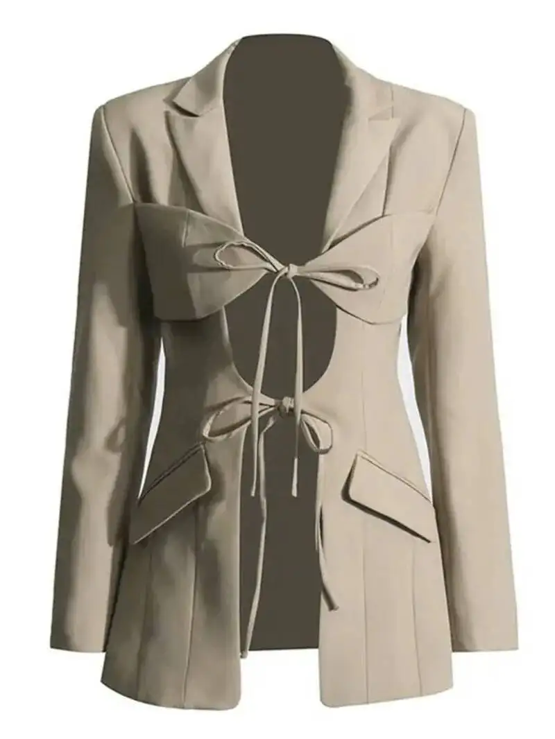 パッチワークポケットシックブレザー女性新しいセクシーな中空アウトスプライスレースアップブレザー女性のためのノッチ襟長袖 PA4W