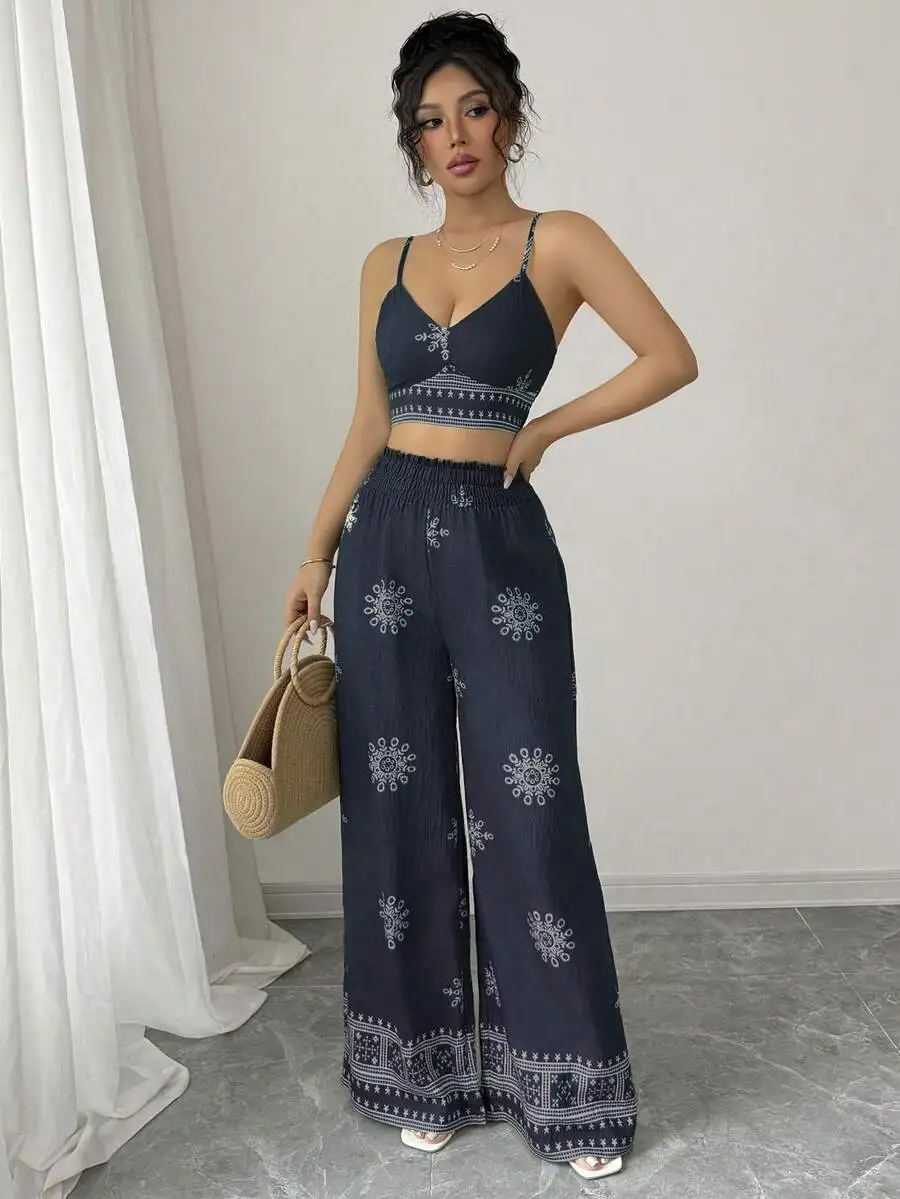 Elenzga 2pcs/Set Women Green Floral Print Cami Top And Relaxed Pants Set, Casual And Vacation Style