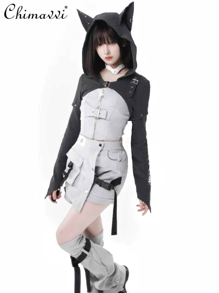 Original Function Hot Girl Sweet Removable Sleeve Hooded Jacket Sleeveless A-line Dress Subculture Two-Piece Sets Womens Outfits