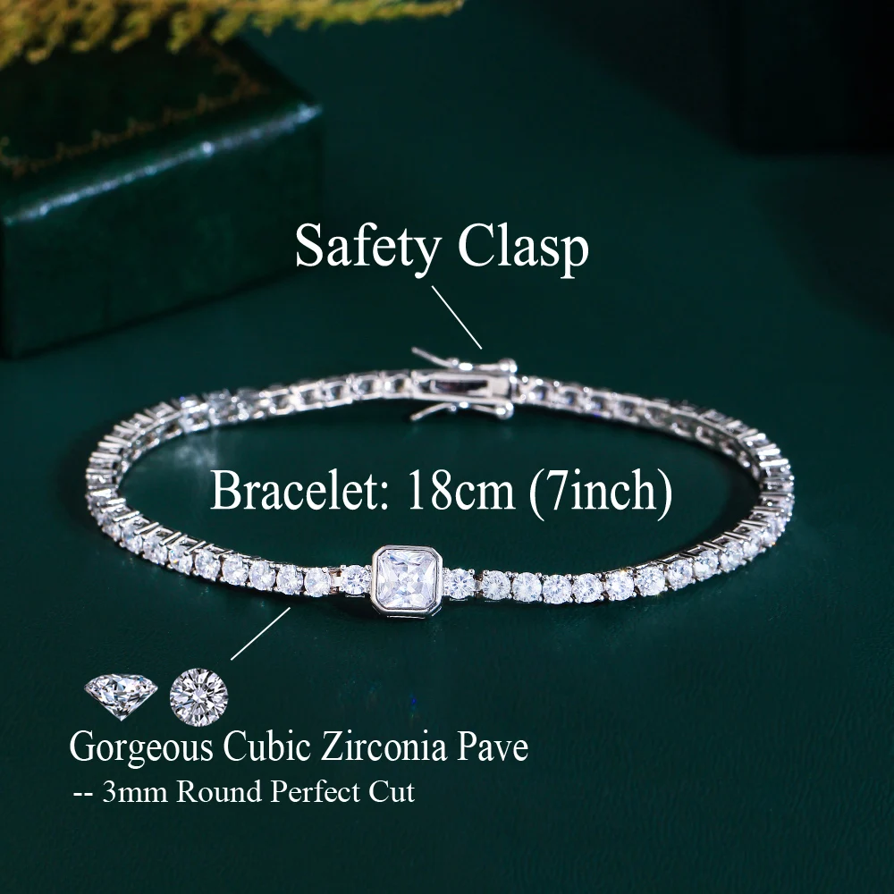 CWWZircons Luxury Shiny Round Cubic Zirconia Pave Classic Square Heart Tennis Chain Bracelet for Women Party Jewelry Gifts CB349