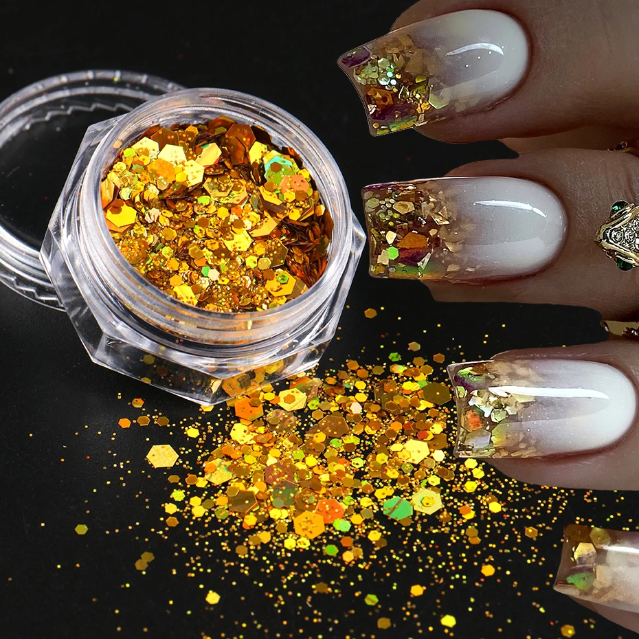 กลิตเตอร์ตกแต่งเล็บ 14 ชิ้น สีแดง ทอง เงิน โฮโลแกรม แบบ 3 มิติ รูปทรงหกเหลี่ยม ประกายวิ้ง แบบเมอร์เมด สำหรับตกแต่งเล็บ