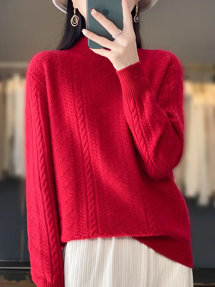 

Addonee Winter Women Sweater 100% Merino Wool Mock Neck Thick Warm Pullover Twist Flower Long Sleeve Cashmere Knit Fashion