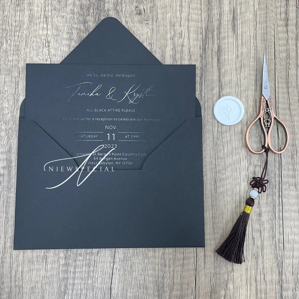 Elegant Black Horizontal Invitation, Black foil Writing Wedding Invitation with emboss Envelopes