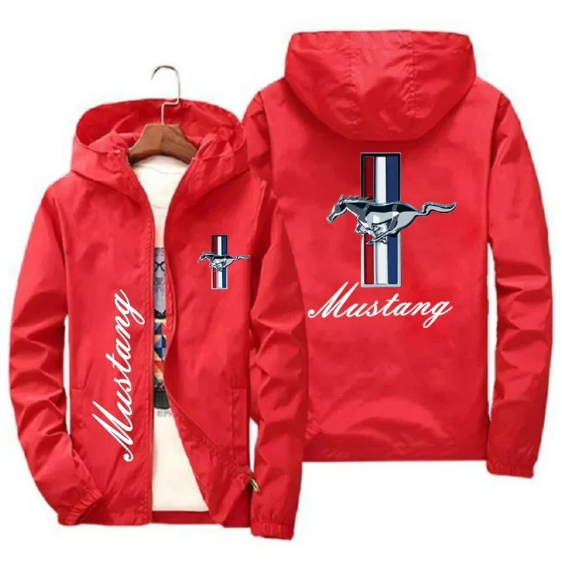 New Spring and Autumn Ford Mustang Car Logo Print Hooded Jacket Fashion Charge Jacket Windbreaker Men\'s Casual Outdoor Clothing