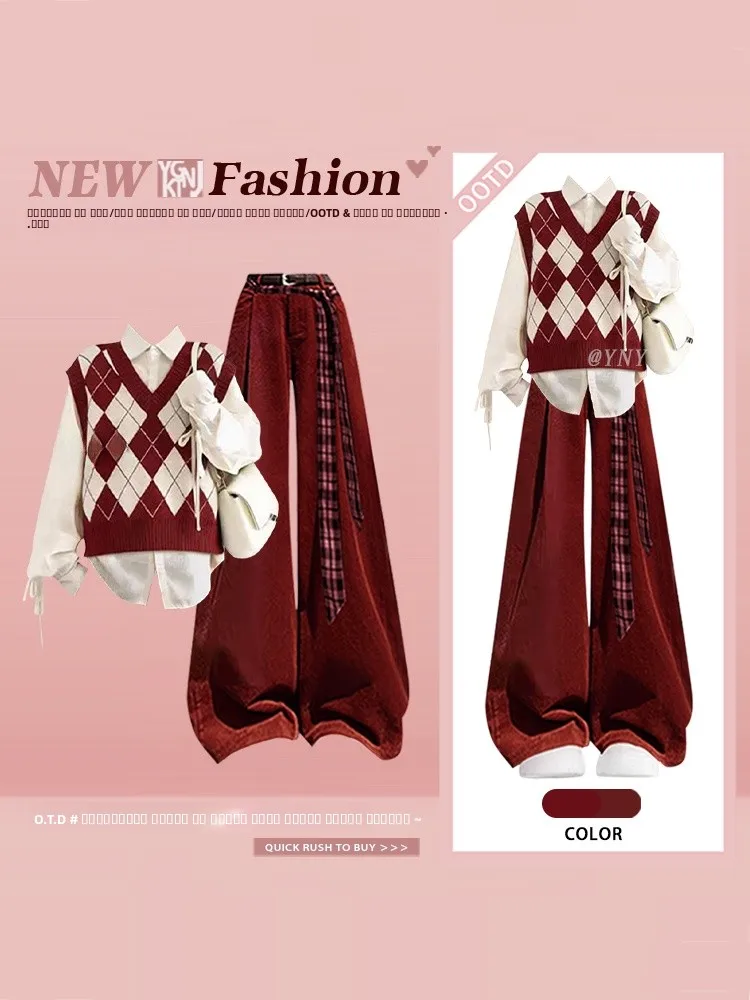 

Молодежный комплект Aosphere College Sle: женский модный комплект из трех предметов – рубашка с длинным рукавом, жилет с ромбовидным узором, брюки прямого кроя