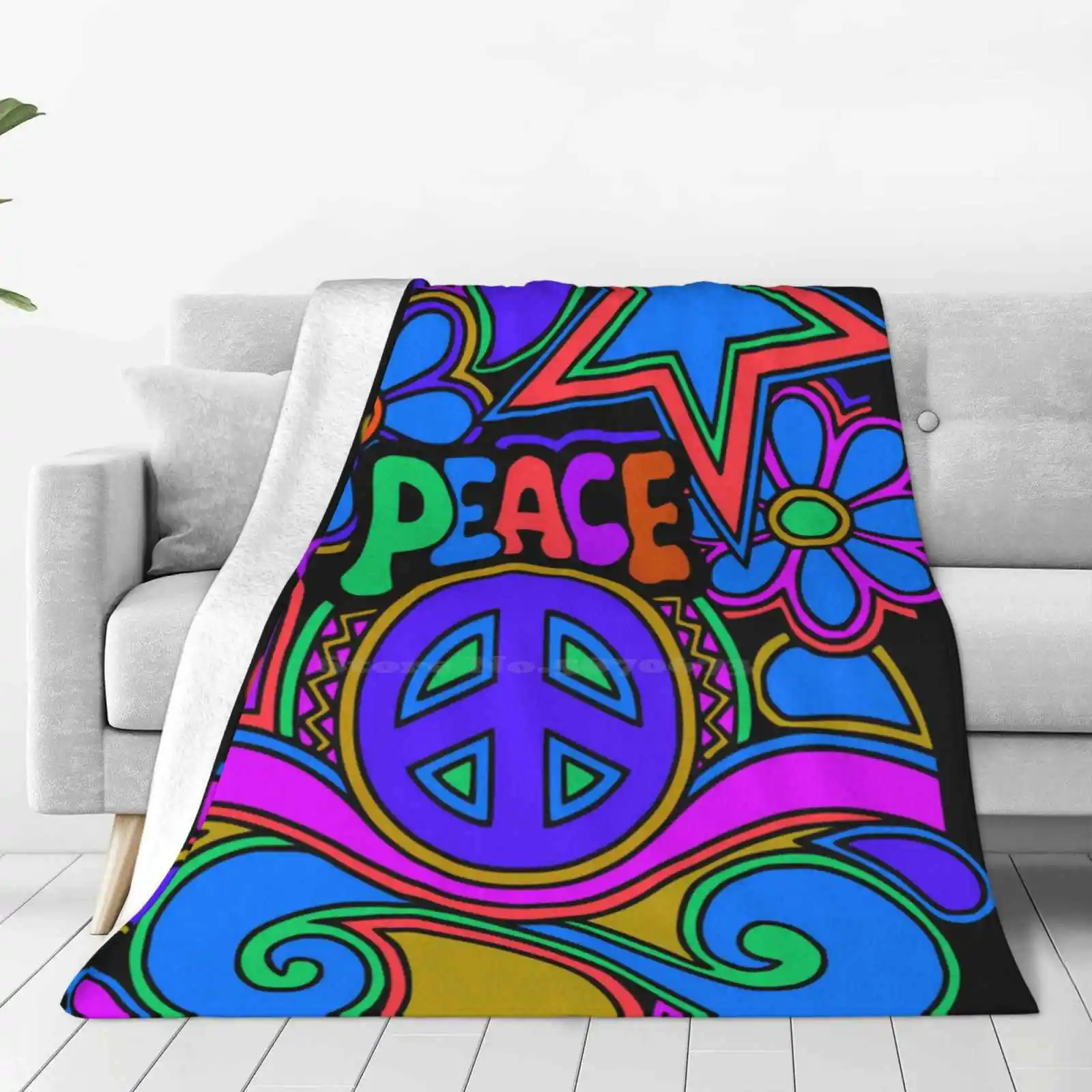 Peace And Love Flowers And Stars Hippie Design Four Seasons Comfortable Warm Soft Throw Blanket Hippie Flower Power Retro