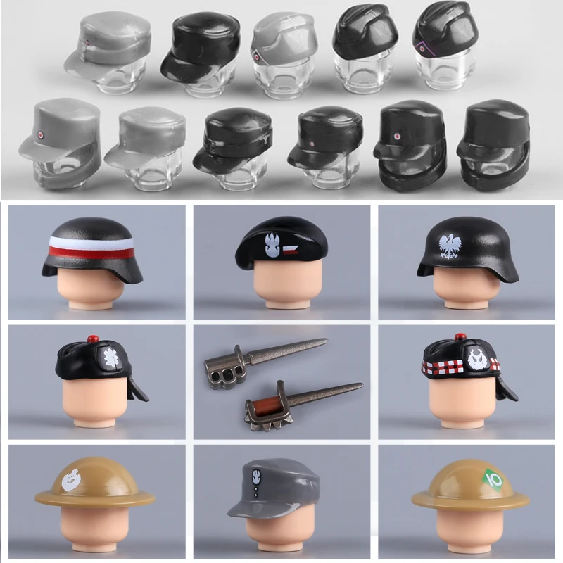 Military War Soldier Figure Helmet Accessories Building Blocks WW1 US M1917 Trench Knife WW2 Polish Home Army Hat DIY Bricks Toy