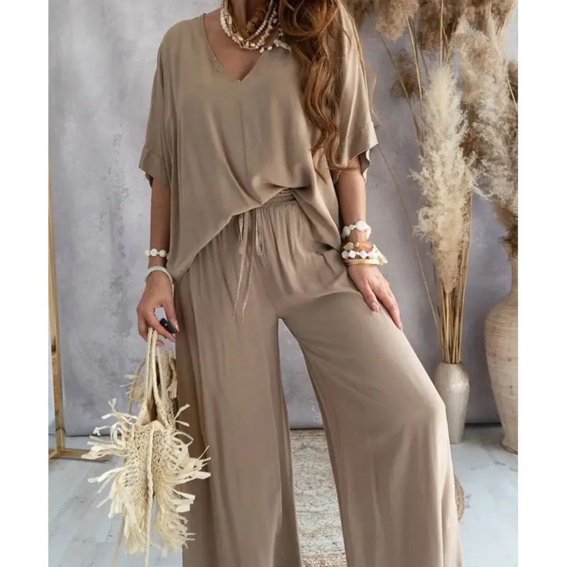 2024 Long Pant Sets Summer two piece set For Women V neck Bat Sleeve Casual Loose Wide-leg Pants 2 piece set solid color Outfits