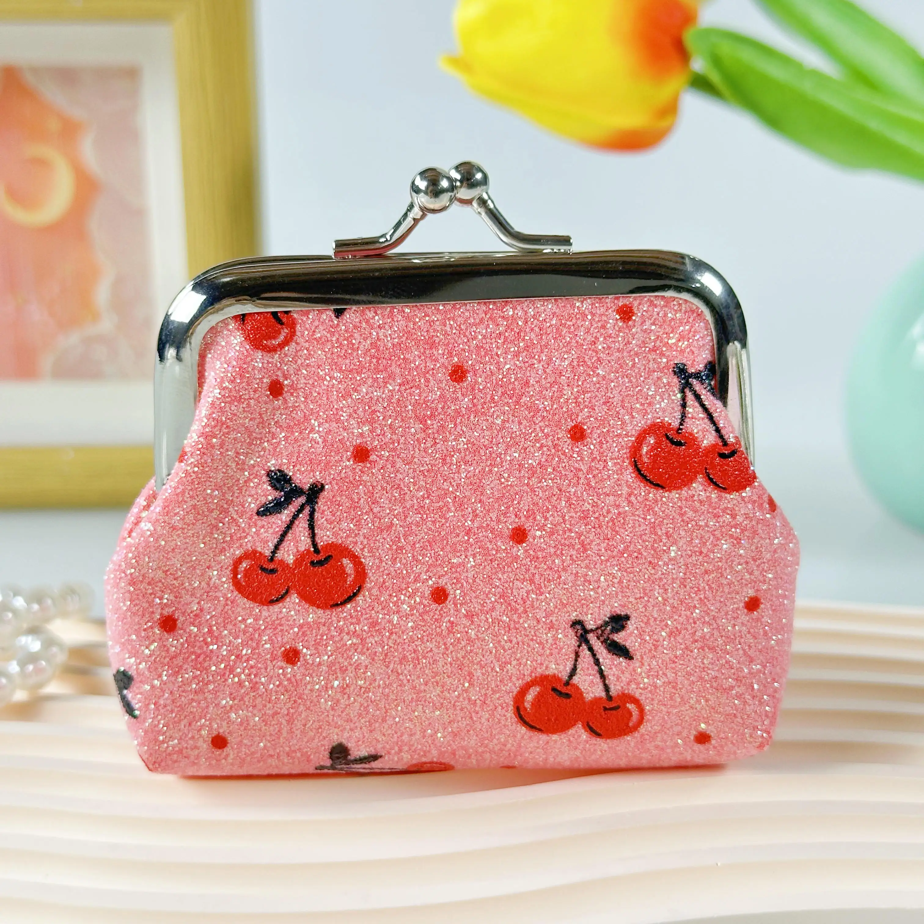 Small Cherry Printed Mini Coin Purse Clasp Small Bag Coin Purse