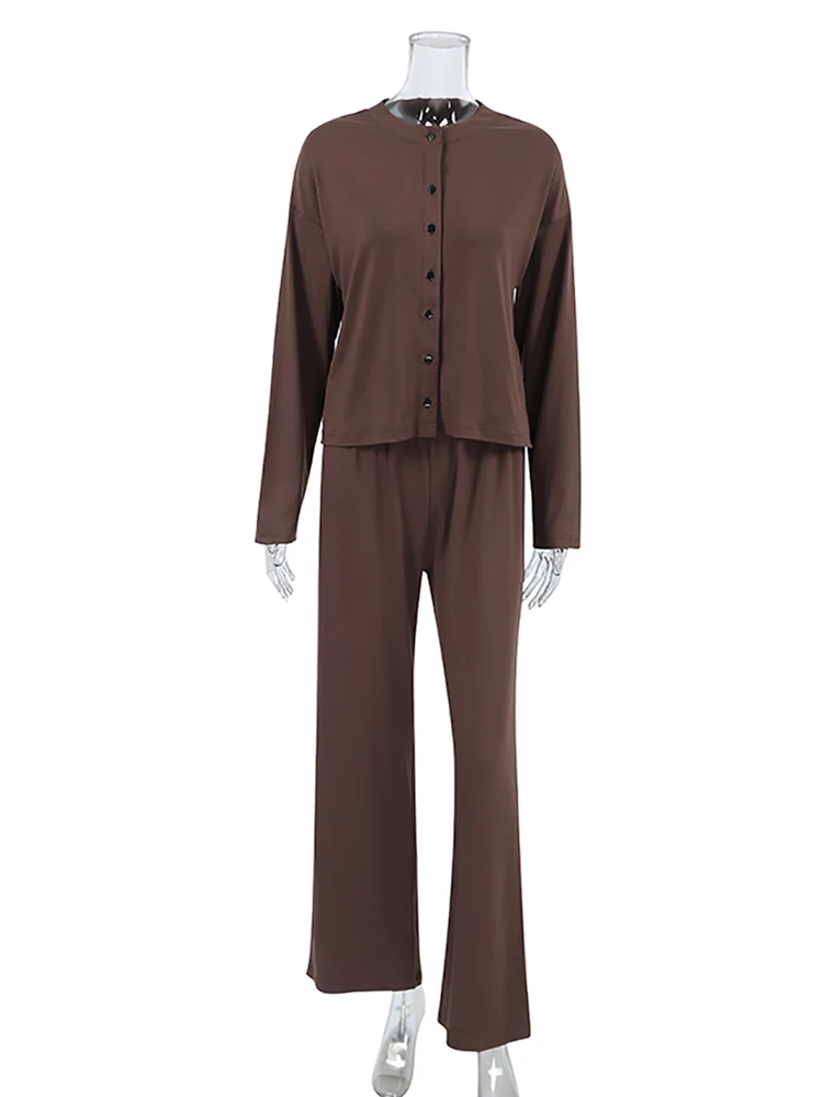 HiLoc Vintage Brown Knitwear Pajamas Sets Pants For Women Long Sleeves Shirts With Pants Two Pieces Outfits Sleepwear Pant Suits