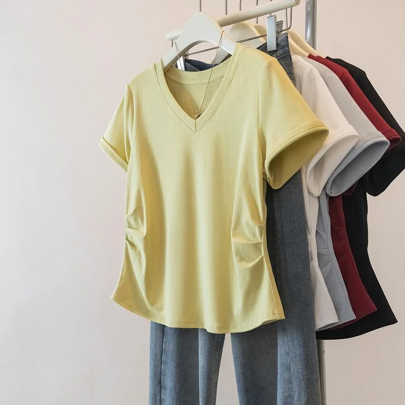 Summer Female V Neck Shirt Tops Coat Spring Ladies Large Size 4XL Loose Blouse French Women Short Sleeves Regular Shoulder T-shi - view 3