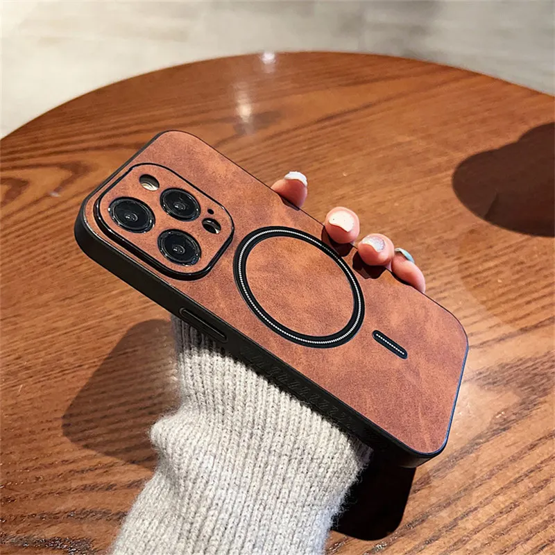 Luxury Wireless Charging Magnetic Cortex Leather Phone Case For iPhone 16 13 12 15 17ProMax 14Plus 18Pro Shockproof Bumper Cover