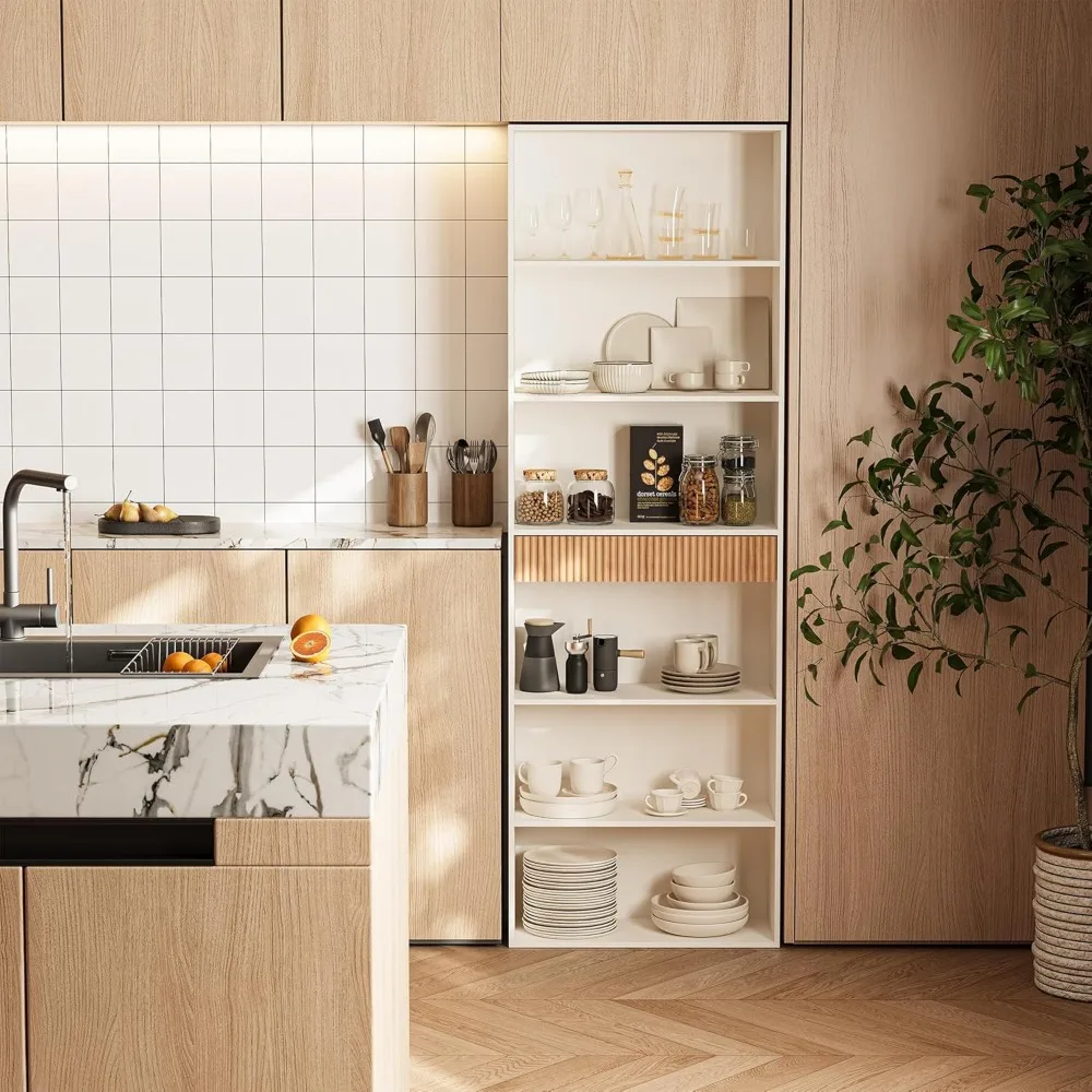 72" Tall Bookshelf with Storage, 7-Tier Bookcase Fluted with Drawer, Display Book Shelf Book Organizer with Anti-tip Device