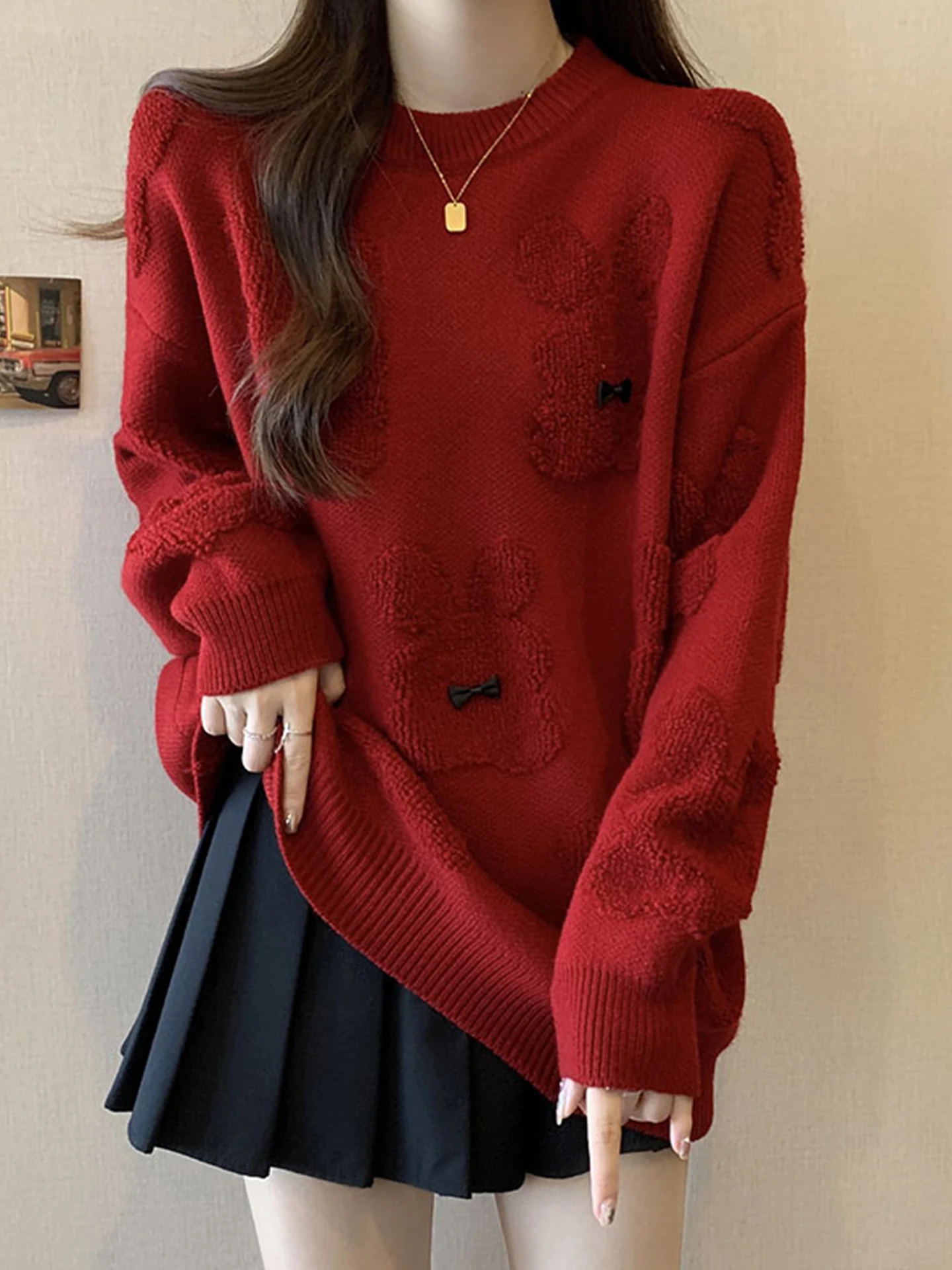 

Cisas New Year Embroidered Red Sweater Women's Autumn Winter Large Size Lazy High-End Knitted irt Knot Rabbit