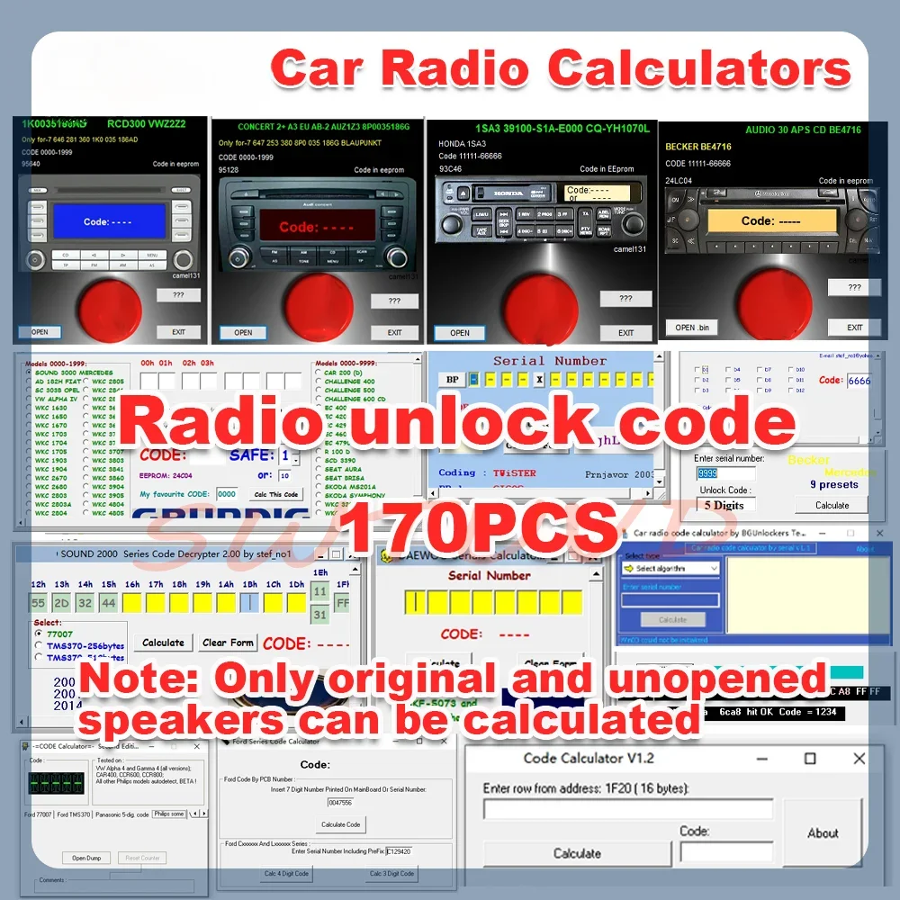 

Автомобильный радиорасчет, декодирование кода радиоразблокировки для Skoda, Audi, Benz, Ford, декодирование пароля, аудио, 170 шт., калькуляторы