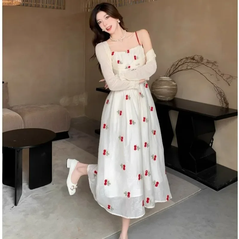 Women Summer White Cherry Slip Dress New Elegant Floral Dresses Chic Cottagecore Dresses Slim Sweet French Style Girl Party Wear